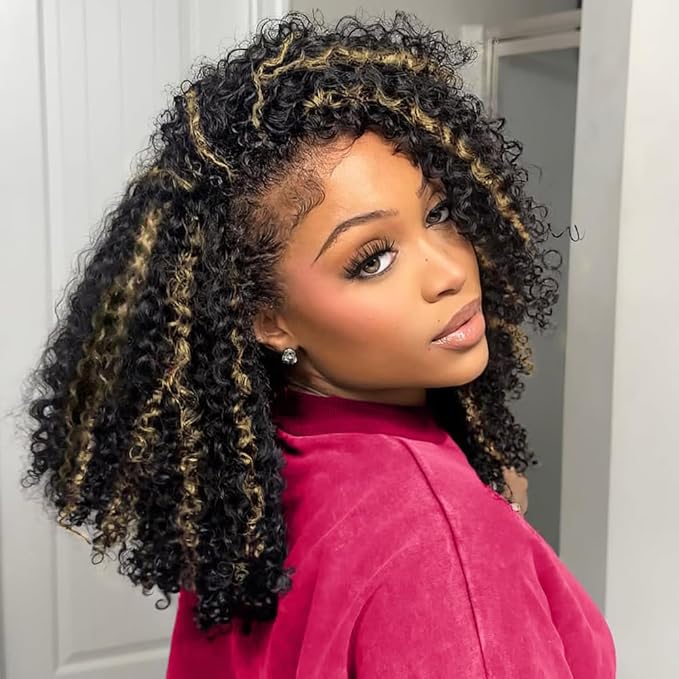 Half Wig Human Hair 250% Density Ombre Kinky Curly Wear Go Glueless Wigs Human Hair Balayage Highlight 3 In 1 Half Wig With Adjustable String Flip Over Beginner Friendly Invisible Hairline