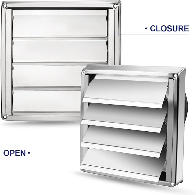 Funmit 6'' Metal Dryer Vent Cover, 7"x7" Outside Dimensions with Metal Mesh Screen, Outdoor Stainless Steel Louvered Vent Cover Includes 4 Screw for Easy Installation