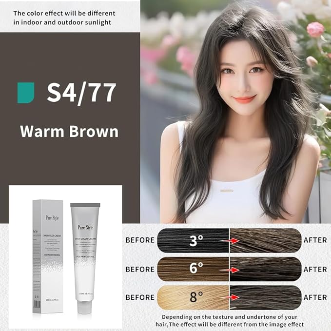 PureStyle 100g Professional Permanent Hair Color Dye Cream Ammonia Free, Long Lasting Warm Brown Color, Natural Shine, For All Hair Types Easy At Home Application (S4/77 Warm Brown)