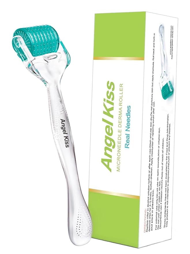 Derma Roller Real Needles - Angel Kiss 0.25mm Microneedling Roller with Case - 192 Stainless Steel Micro Needling Dermal Kit for Face, Scalp, Body - At Home Microdermabrasion Roller for Women Men