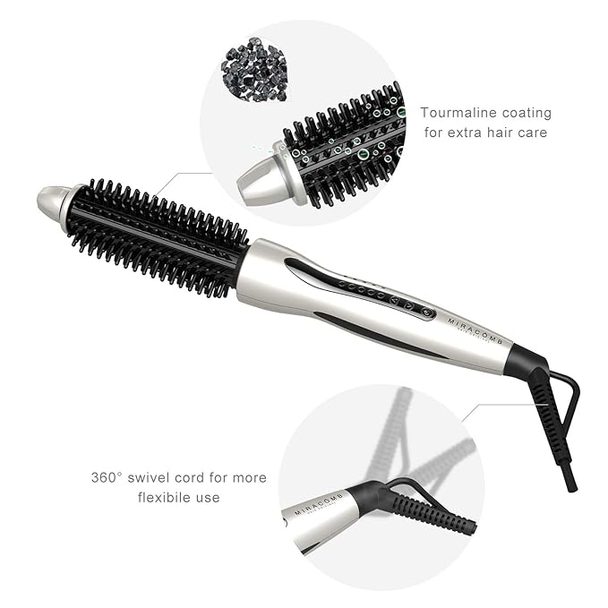 MIRACOMB Hair Curler Straightening Brush - Ceramic Tourmaline Flat Curling Iron - Cool Touch Round Brush PRO Multi Styler with 5 Heat Adjustments, 1 Inch Barrel, White (Enhanced)