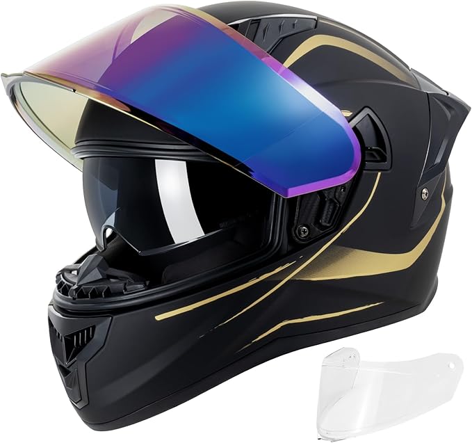 Full Face Motorcycle Helmets for Adult Men Women, DOT Approved Street Bike Racing Helmet Dual Visor Quick Release Buckle, Motorbike ADV Moped Helmet with Extra Clear Visor