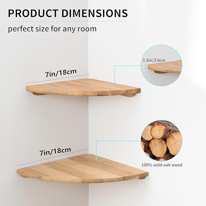 Corner Shelves, Floating Corner Shelf, Set of 2 Solid Oak Wood Wall Shelves, Round End Wall Mount with Wire Hole Shelving for Small Plant for Bedroom Kitchen, Living Room (Oak, 7.1in 2P)
