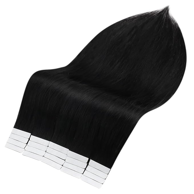 Full Shine Black Tape in Hair Extensions Human Hair 12 Inch Color 1 Jet Black Invisible Hair Extensions Tape in Double Sided Tape 20 Pcs Soft Remy Real Human Hair Skin Weft 30G for Women