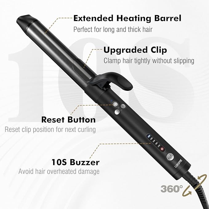 Luxspire Rotating Curling Iron, 1 1/4 inch Automatic Curling Iron Instant Heat Ionic Curling Wand with Long Titanium Barrel for Long Hair, Professional Self Curling Wand Hair Curler, Black