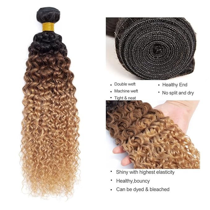 Ombre Human Hair Bundles 1B427 Kinky Curly Bundles 20 22 24 Inch Double Weft 3 Tone Brown and Honey Blonde Bundle Niegmeag Brazilian Virgin Remy Hair Extensions