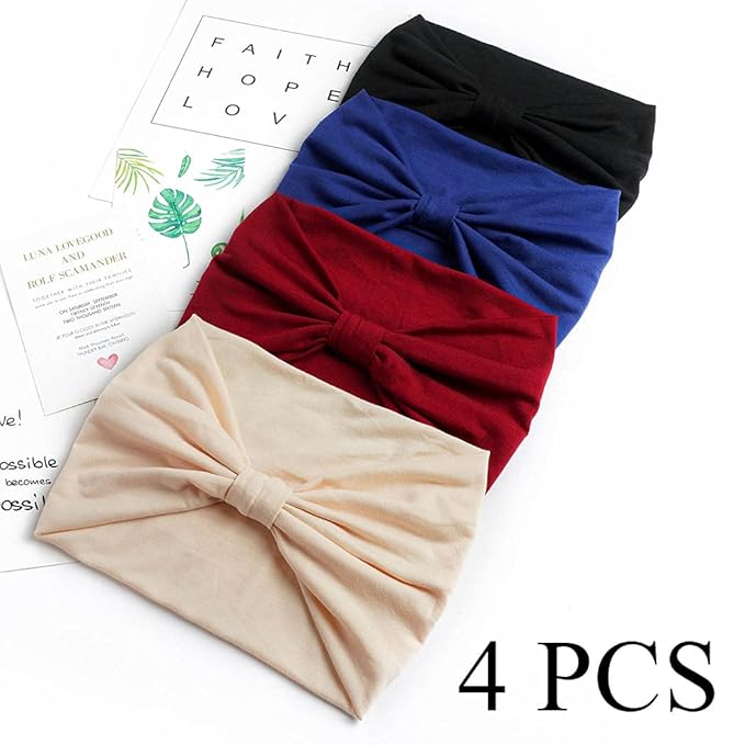 Wide Headbands Stretch Turban Knotted Hairbands Elastic Yoga Workout Sweatband Running Sport Head Scarf Large African Head Wraps for Women 4 Pcs (Set B)