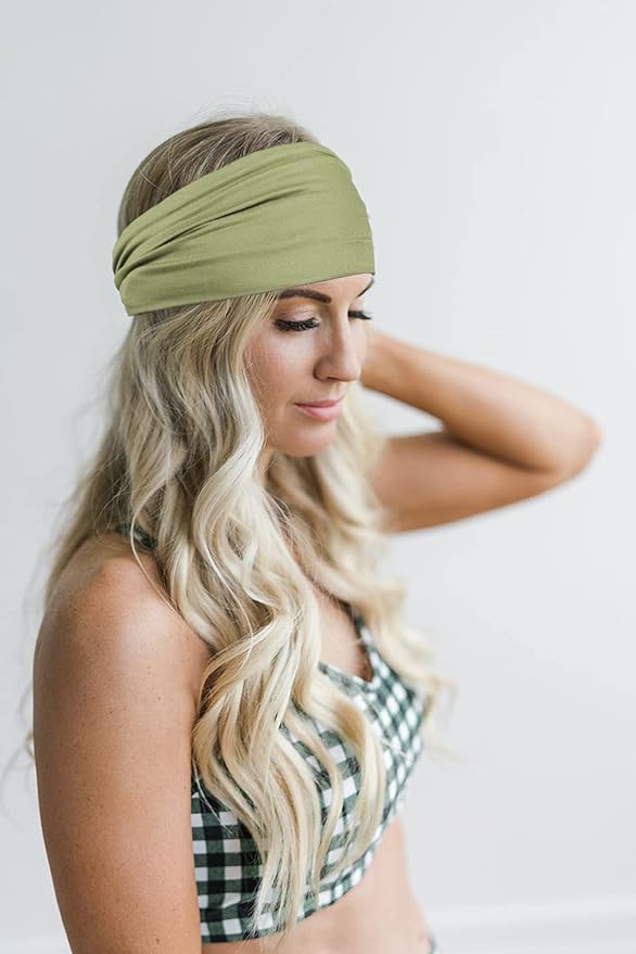 GiLi 2 Pack Wide Headbands for Women Boho African Knotted Non Slip Fashion Hair Bands Yoga Running Sports Workout Gym Head Wraps Elastic Soft Cotton Cloth Turbans Bandana for Girls(Green, Pink)