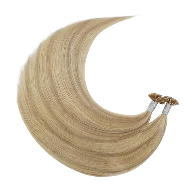 YoungSee K Tip Hair Extensions Human Hair Blonde Highlight Ktip Human Hair Extensions Golden Blonde Highlight Long Hair 22in 50s/50g