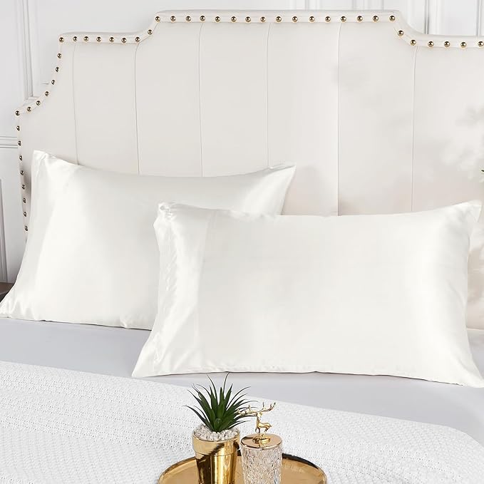 Satin Silk Pillowcase for Hair and Skin, Black Pillow Cases Standard Size Set of 4 Pack Super Soft Pillow Case with Zipper Closure (Ivory, Standard(4 Pack))