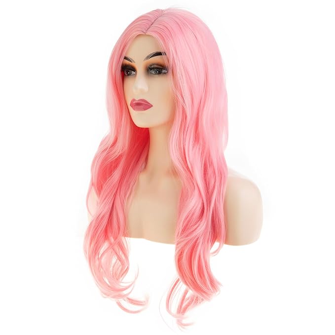 Baruisi Long Curly Wavy Pink Wigs for Women Side Part Natural Looking Cosplay Synthetic Heat Resistant Replacement Wig