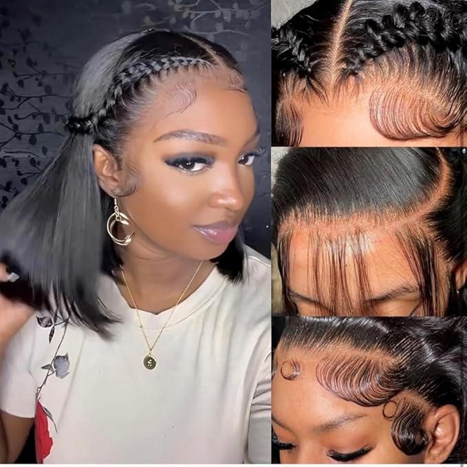 Bob Wig Human Hair 13X4 Lace Front Wigs Human hair Short Straight Frontal Bob Wig HD Transparent Lace Frontal wigs Pre Plucked for Women Glueless Wigs With Baby Hair Natural black10Inch-4