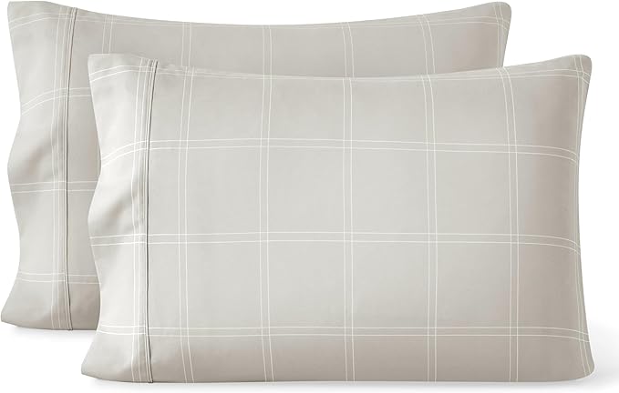 Bare Home Microfiber Pillow Cases - Standard/Queen Size Set of 2 - Cooling Pillowcases - Double Brushed - Pillowcases 2 Pack - Easy Care (Standard, Modern Plaid – Stone/White)