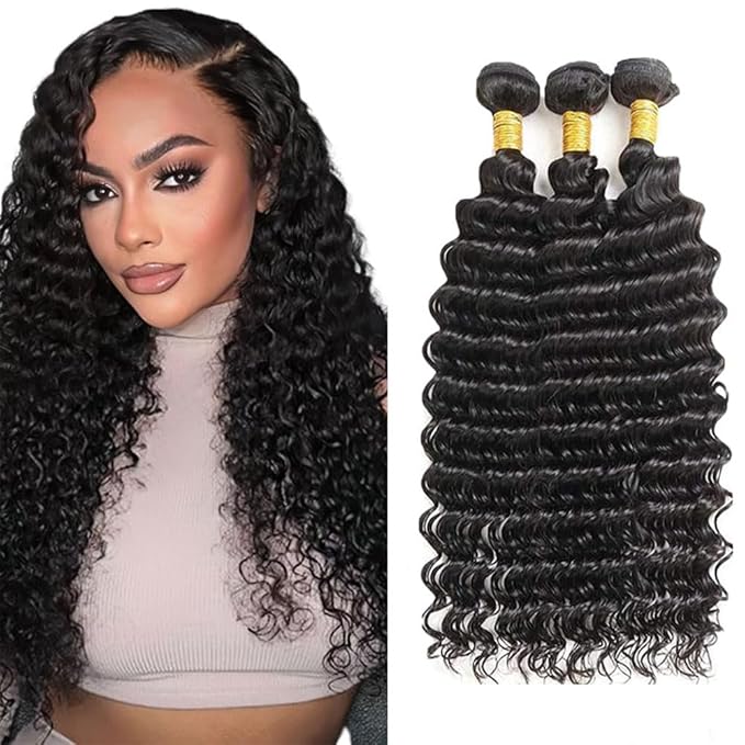 Bundles Human Hair Natural Black Deep Wave Bundle Niegmeag Virgin Remy Hair 3 Bundles 26 28 30 Inch Double Weft Soft and Silky Color 1B Bundle 300g