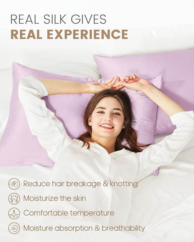 THXSILK Set of 2 100% Mulberry Silk Pillowcase for Hair and Skin, Grade 6A+ Mulberry Silk Pillow Cases Ultra-Soft, Hypoallergenic Pillow Case Cover with Zipper (Queen 20"x30", Light Purple)