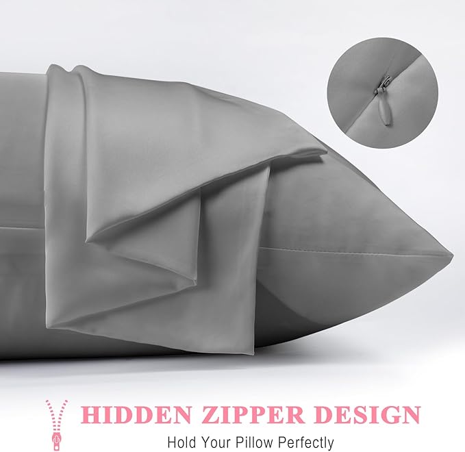 100% Pure Silk Pillowcase 2 Pack for Hair and Skin, Both Sides 23 Momme Grade 6A+ Mulberry Silk Pillowcases with Hidden Zipper, Soft&Smooth Cooling Pillow Cases (Gray, King 20x36)
