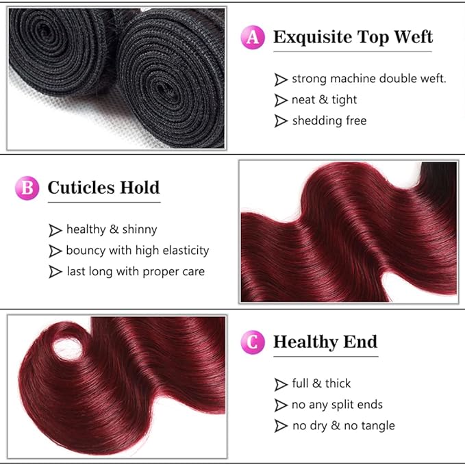 99j Bundles Human Hair Ombre Red Body Wave Bundle Niegmeag Brazilian Virgin Remy Hair 3 Bundles 18 20 22 Inch Double Weft 2 Tone Black and Burgundy Bundle Hair Weave