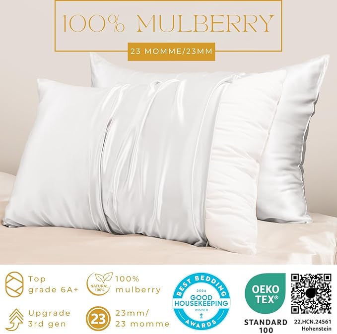PROMEED 100% Mulberry Silk Pillowcase King Size White, Grade 6a+ 23 Momme Silk Pillow Case for Sensitive Skin, Soft Anti Acne Pillowcase with Zipper (King 20"x36", White)