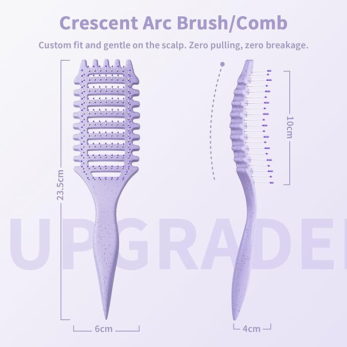 Curl Defining Brush, 4-in-1 Curly Hair Brush – Flexible Styling Brushes for Women and Men, Curls Detangling Hairbrush Featuring a Crescent Shape and Ultra-Smooth Bristles for Wet & Dry Hair - Purple