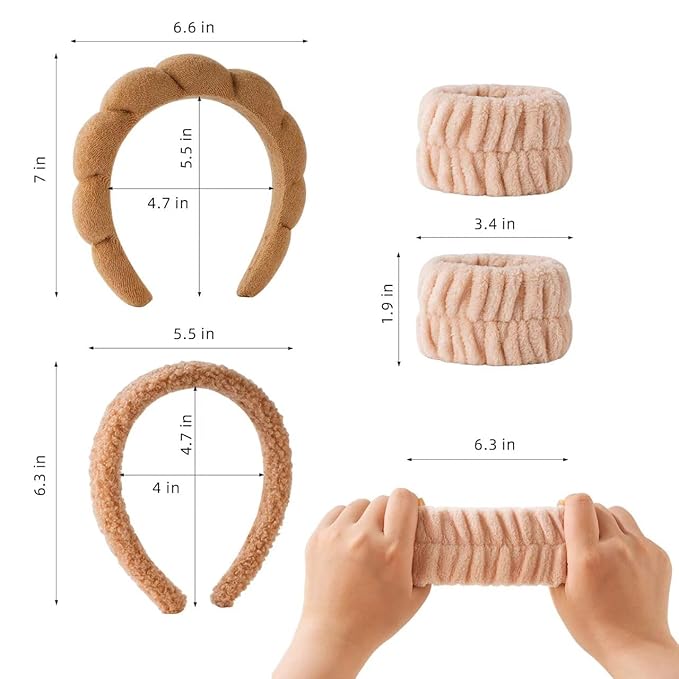 2Pcs Spa Headband for Washing Face & 1 Pairs Wristband Set Sponge Makeup Skincare Headband &Terry Cloth Bubble Soft Hairband for Women Girl Puffy Padded Headwear Non Slip Thick Hair Accessory (brown)