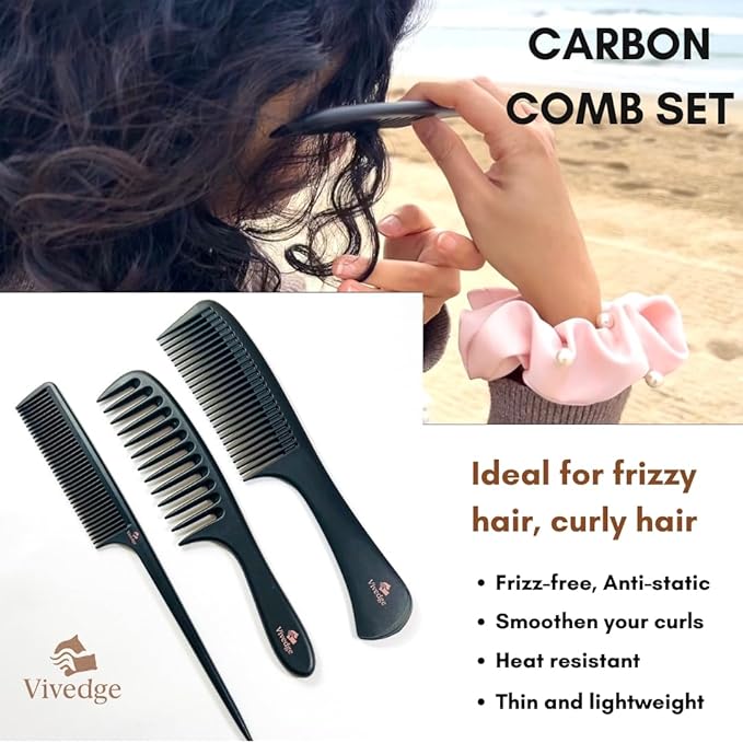 VIVEDGE| Curly Hair Comb Set Gift set | Carbon Fiber Detangler Wide Tooth Parting Combs anti static frizz-free with Premium Acccessories for Styling | Gift for loved ones (Black-Pink)