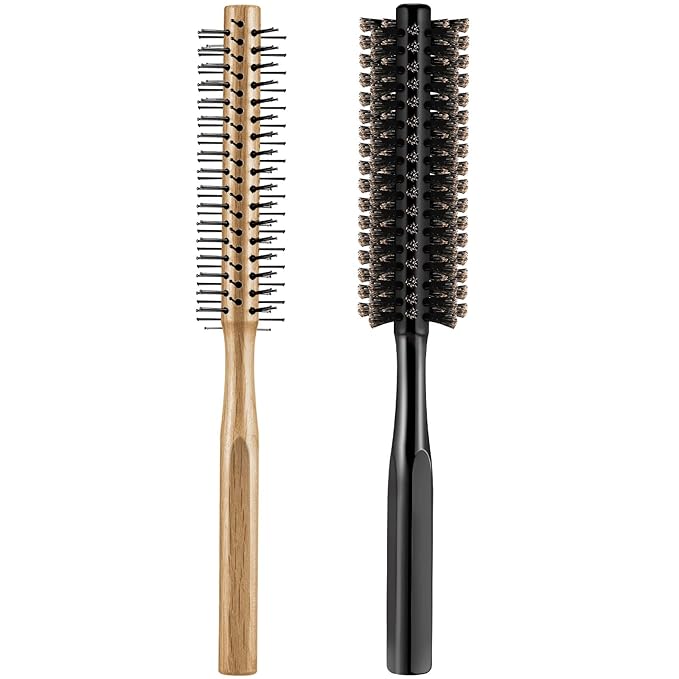 Geiserailie 2 Pieces Thick Round Hair Comb Bristle Blow Drying Hairbrush Small Brush Short Hair Massage Comb Head Massage Round Brush Roll Hairbrush for Wet or Dry(Black, Wood Color)