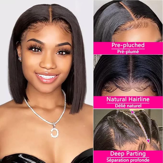 180 Density Bob Wig Human Hair 13x4 HD Frontal Bob Wigs Human Hair Bob Lace Front Wigs Human Hair Pre Plucked Brazilian Virgin Natural Black Wig 8 Inch