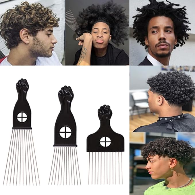 COOKOO 3 Pack Metal Afro Hair Styling Combs - Fist Design Wide Tooth Picks for Women, Men & Natural Curly Hair Hairstyling