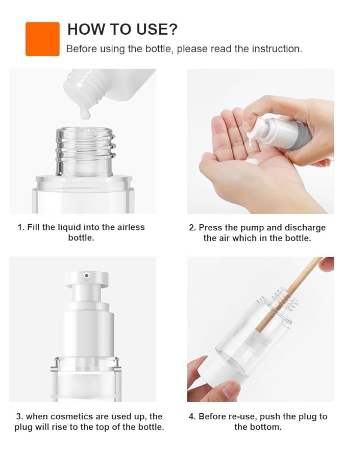 LONGWAY 1 Oz 30ml Clear Airless Cosmetic Cream Pump Bottle Travel Size Dispenser Refillable Containers/Foundation Travel Pump Bottle for Shampoo (Pack of 6)