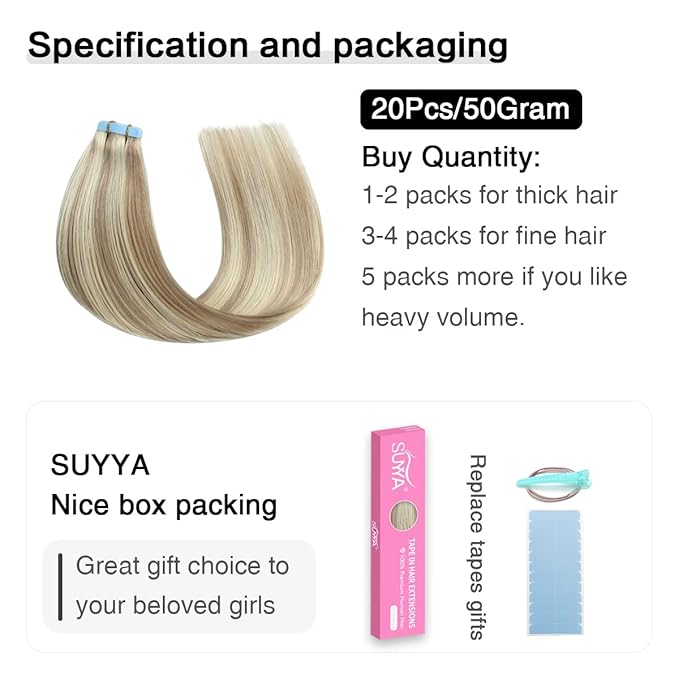 SUYYA Tape in Hair Extensions Human Hair Ash Blonde Highlighted Bleach Blonde 18 Inch 50g/pack 20pcs Straight Seamless Skin Weft Tape in Real Human Hair Extensions(18inch #P18/613)