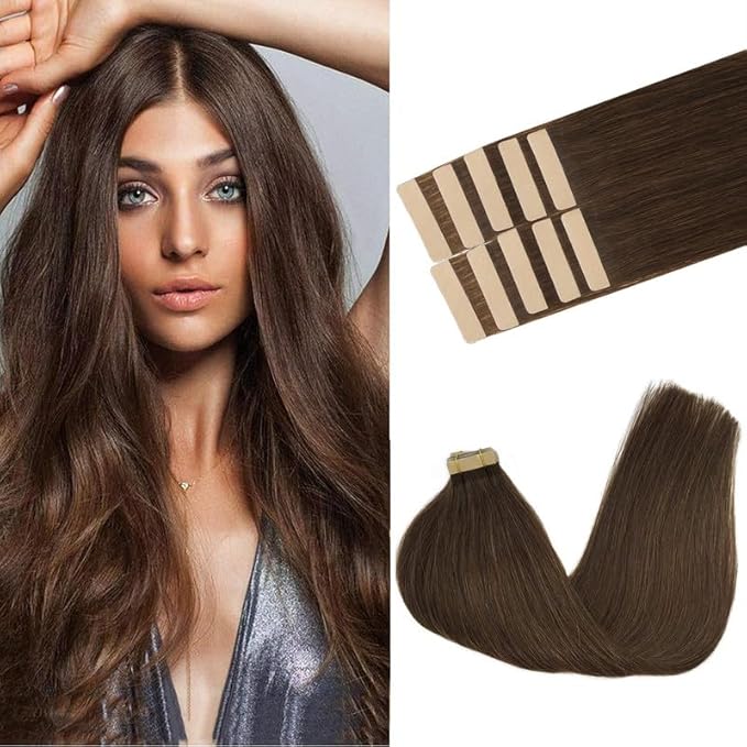 GOO GOO Tape in Hair Extensions Human Hair, 4A Chocolate Brown, 24inch 30g 10pcs, Skin Weft Seamless Invisible, Silky Straight with Thick Ends, Remy Human Hair