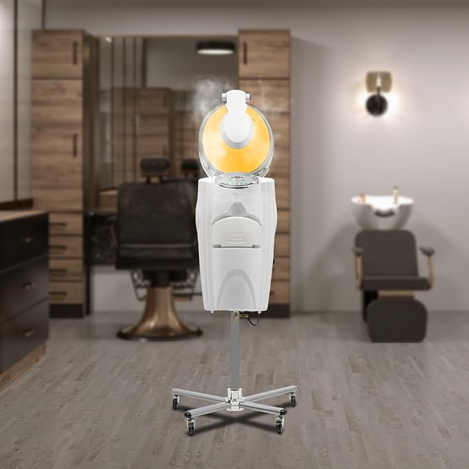 Hair Steamer Professional Hair Salon Steamer with 12 Color Light & Ozone，Adjustable Height Hair Steamer with Wheels (White)