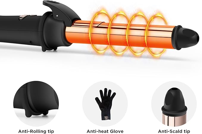 Prizm Rotating Curling Iron, 1inch/25mm Automatic Hair Curler for Long Hair, Self Spinning Barrel, 250-450°F with LCD Display, Auto-Shut Off & Dual Voltage, Black