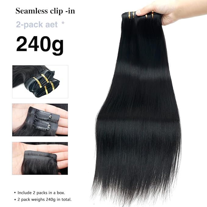 Straight Clip in Hair Extensions Real Human Hair 2 Pack 240g Seamless Clip in Hair Extensions for Women Full Max with 16Pcs PU Skin Weft 24inch Natural Black
