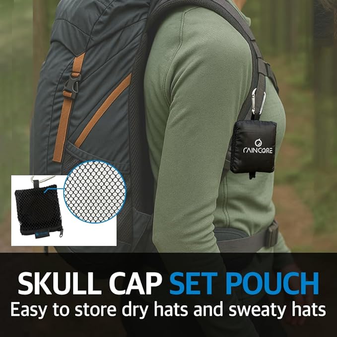 RAINCORE Skull Cap Inner Helmet Liner (with Pouch), Carabiner Clip - Breathable Mesh - Lightweight - Quick Dry - Cycling- Running - Motorcycle - Workout - for Men and Women Cap Black