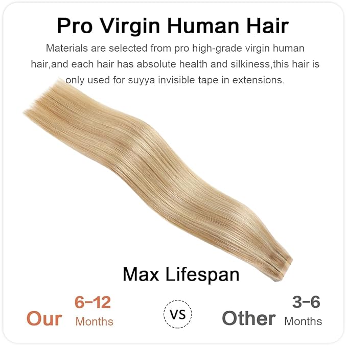 SUYYA Invisible Tape in Hair Extensions Human Hair Seamless Injected Hand-Tied Pro Quality Virgin Human Hair Tape Ins Ash Blonde Highlighted Bleach Blonde 20PCS 50G/Pack Straight(20 inch #P18/613)
