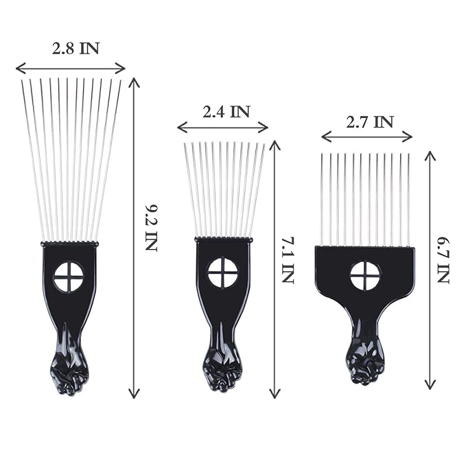 Hair Picks - Black Metal Afro Combs for Hair Styling, Fist Pick for Women and Men
