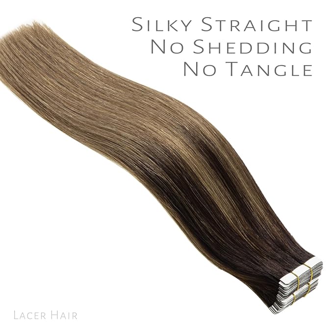 Lacer Natural Hair Extensions Remy Tape in Human Hair Extensions Balayage Seamless PU Skin Weft 100% Real Virgin Hair Ombre Darkest Brown to Chestnut Brown Color 100g 40pcs/set 22 Inch