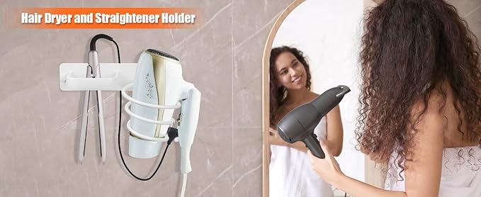 YUET Hair Dryer Holder Hairdryer Straightener Station Wall Mounted Metal Spiral Shelf Bracket Stand Hanger Organizer Blow Storage With Cable Tidy Rack For Dressing Table Bathroom Professional (White)