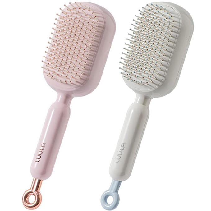 Retractable Cushion Massage Comb for Wet & Dry Hair, Anti-Static Self Cleaning Hair Brush for All Hair Types, Soft Bristles, Easy Eliminates Knots, Detangling Hairbrush for Women Men (Pink + White)