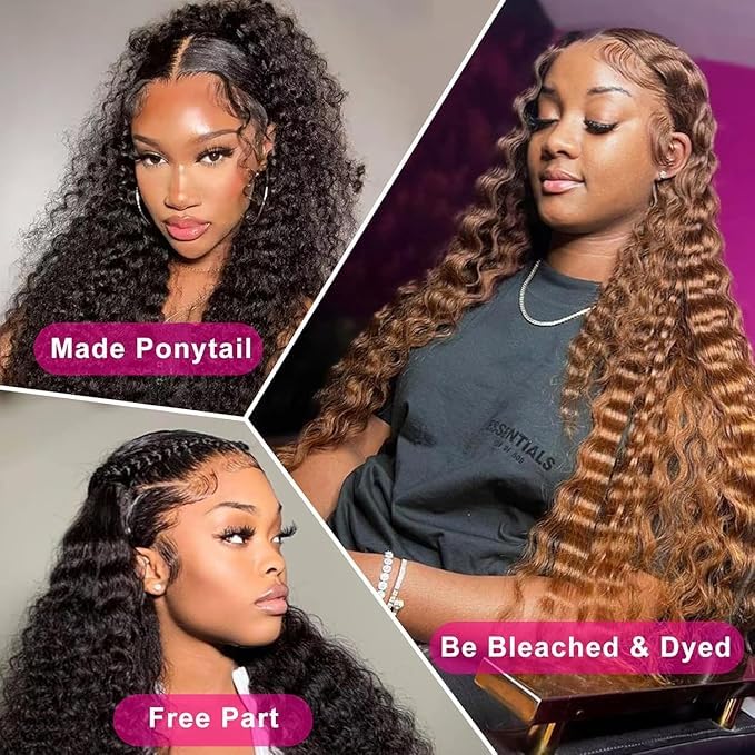 13x6 Deep Wave Lace Front Wigs Human Hair 200% Density HD Lace Front Wigs Human Hair Pre Plucked Natural Color Glueless Wig 100% Virgin Lace Front Wigs for Women（36inch）