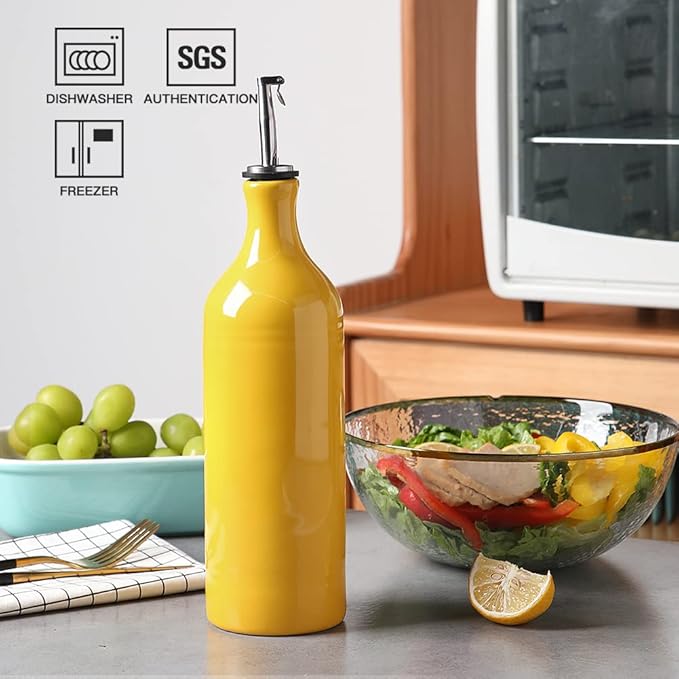 Sweejar Large Ceramic Olive Oil Dispenser Bottle, Opaque Oil Cruet Protects Oil to Reduce Oxidation, Suitable for Storage Oil, Vinegar, Soy Sauce & Other Liquids, Pack of 1, 24 Fl Oz (Yellow)