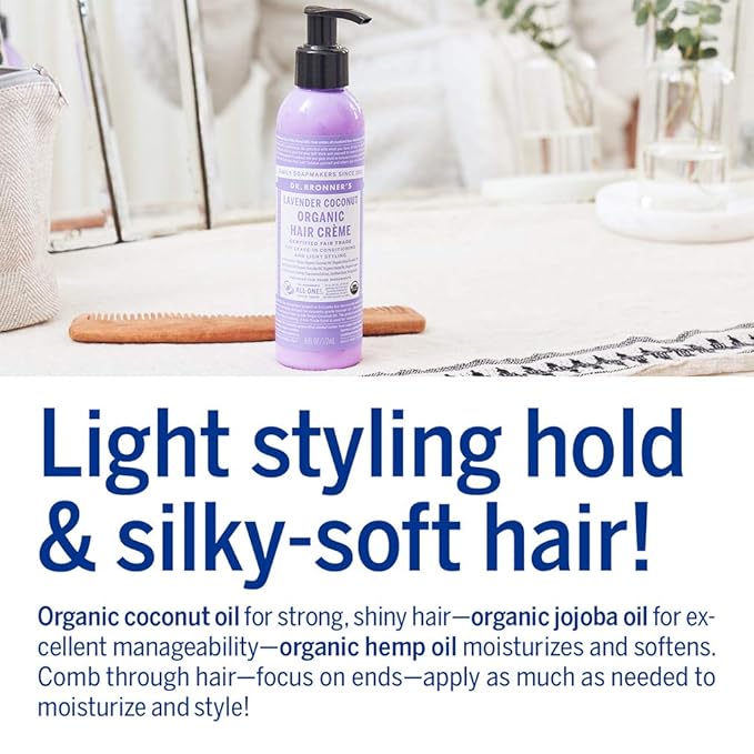 Dr. Bronner's - Organic Hair Crème (Lavender Coconut, 6 Ounce) - Leave-In Conditioner and Styling Cream, Made with Organic Oils, Hair Cream Supports Shine and Strength, Nourishes Scalp, Non-GMO
