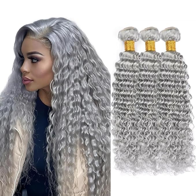 Grey Bundles Human Hair Silver Deep Wave Bundle Niegmeag Brazilian Virgin Remy Hair 3 Bundles 26 28 30 Inch Double Weft Soft And Silky Gray Deep Wave Bundle