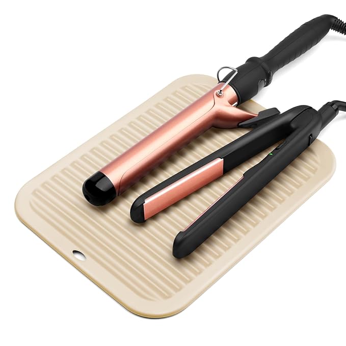 Beauty Tools, Large Heat Resistant Mat with Hook Loop Strips, Vanity Makeup Accessories, Hot Tools Straightener Mat, Iron Flat Appliances Hair Dryer Salon Tools Hair Stylist, Hot Iron Holster (Beige)