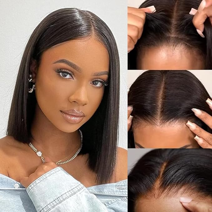 Wear and Go Glueless Bob Wigs Human Hair Pre Plucked Natural Hairline Straight Short Bob Wig 180 Density 4x4 HD Lace Closure Wig Human Hair for Women Brazilian Virgin Hair Natural Black 12 Inch