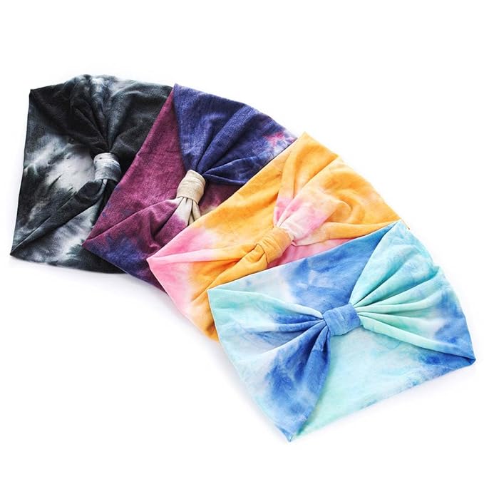 Wide Headbands Stretch Turban Knotted Hairbands Elastic Yoga Workout Sweatband Running Sport Head Scarf Large African Head Wraps for Women 4 Pcs (Set G)