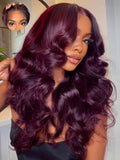 KLAIYI Black Cherry Loose Body Wave Pre Eeverything 13x4 Lace Frontal Wigs Human Hair Bye Bye Knots Glueless Ready to Wear and Go Wig with Face Framing Bangs Drawstring Pre Plucked Burgundy Wig 22Inch