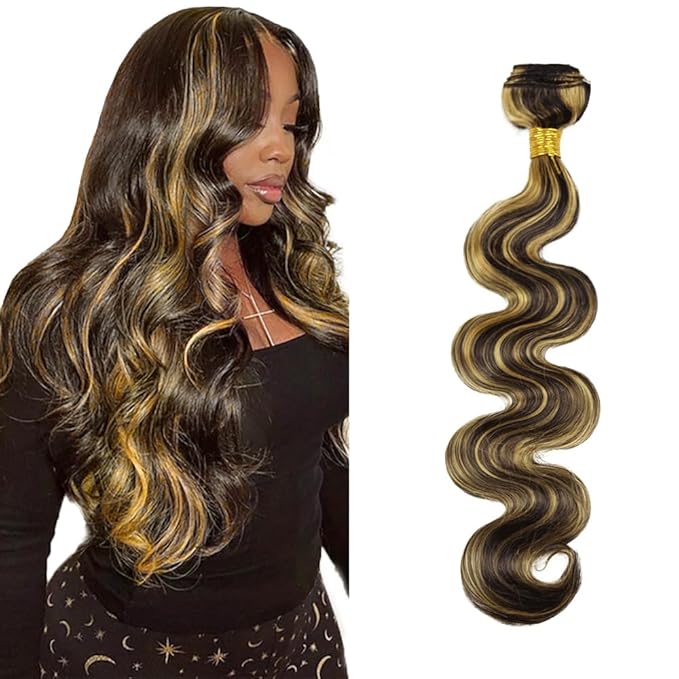 Highlight Bundles Human Hair Blonde Body Wave Bundles 26 Inch Niegmeag Brazilian Virgin Soft and Silky Remy Hair Extensions 2 Tone Black and Honey Blonde Bundle