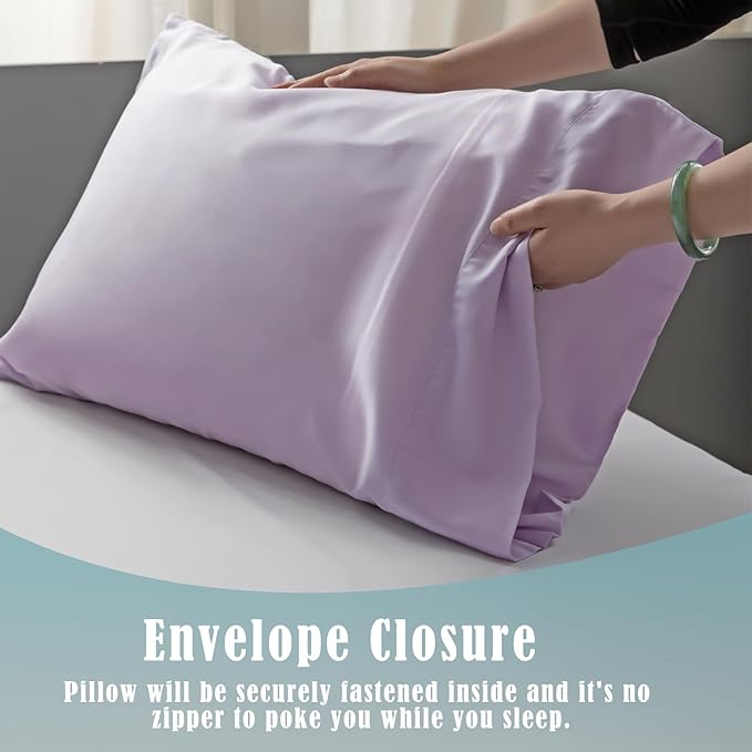 TELUS Pillow Cases Standard Size 2 Pack, Bamboo Rayon & Lyocell Pillowcase with Envelope Closure, Cooling Breathable Pillow Cover for Hot Sleeper & Night Sweats, 20x26 inch, Light Purple